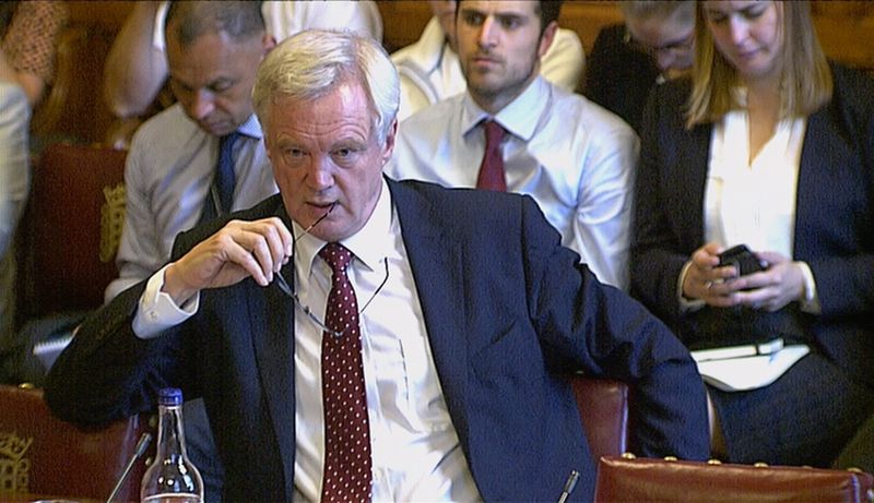 © Reuters. David Davies, secretary of state for exiting the European Union, is seen in a still taken from video as he speaks to a committee of the House of Lords, in Westmisnter, London