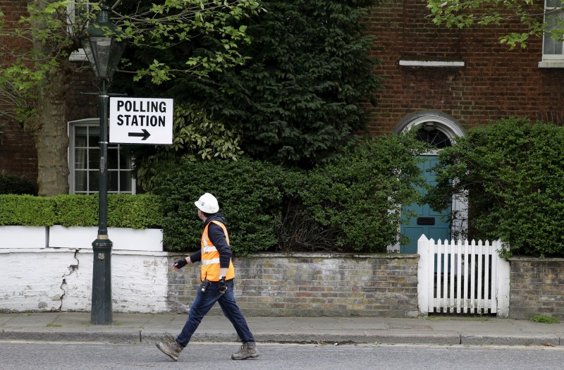 © Reuters. A builder walks past a polling station sign in London