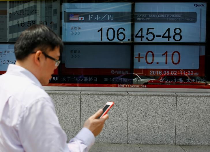 © Reuters. A man checks his phone as he walks past a display of market indices including the dollar to yen exchange rate in Tokyo, Japan