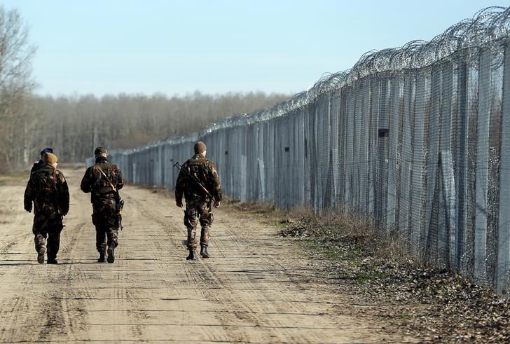 © Reuters. Soldados patrulham cerca na fronteira da Hungria com a Sérvia