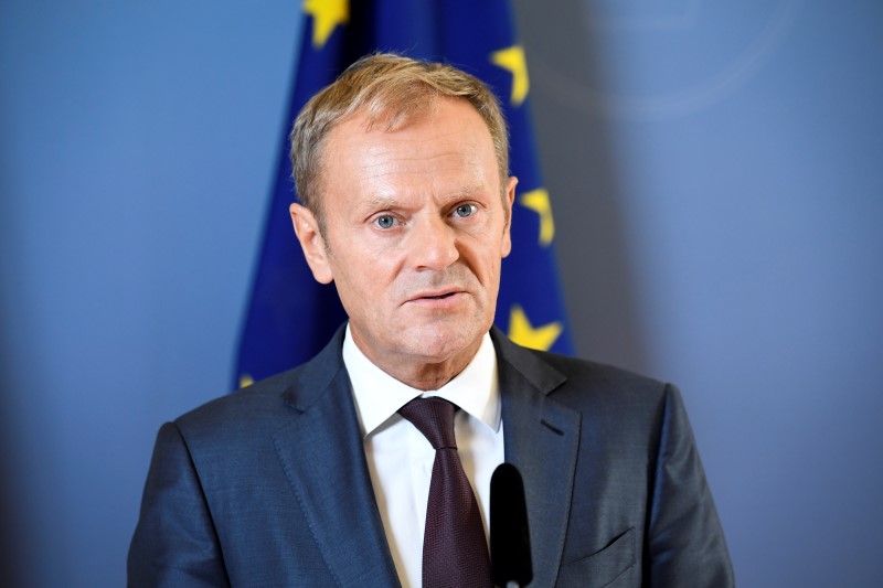 © Reuters. President of the European Council Tusk looks on during a joint news conference with Sweden's PM Lofven at the government headquarters Rosenbad in Stockholm