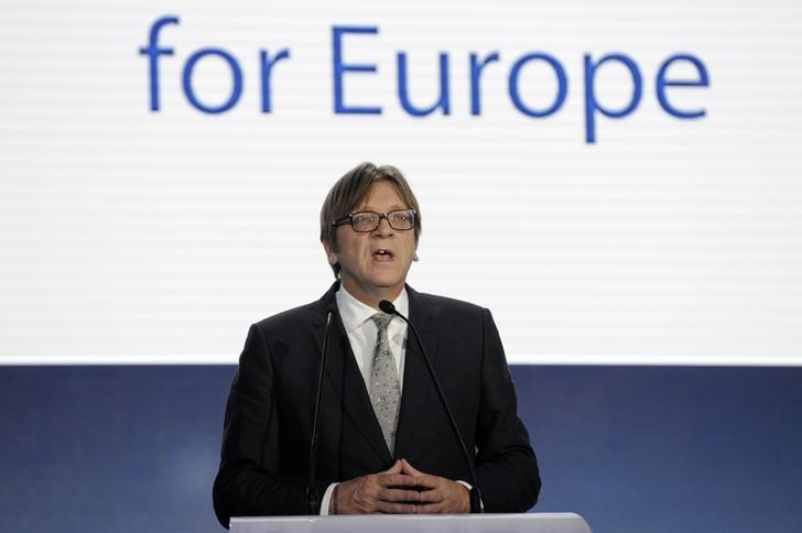 © Reuters. Verhofstadt speaks on provisional results for the European Parliament elections at the European Parliament in Brussels