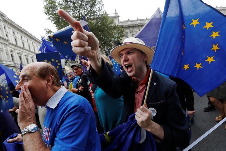 © Reuters. Pro-Europe demonstrators react to Brexit supporters on route during a "March for Europe" protest against the Brexit vote result earlier in the year, in London, Britain