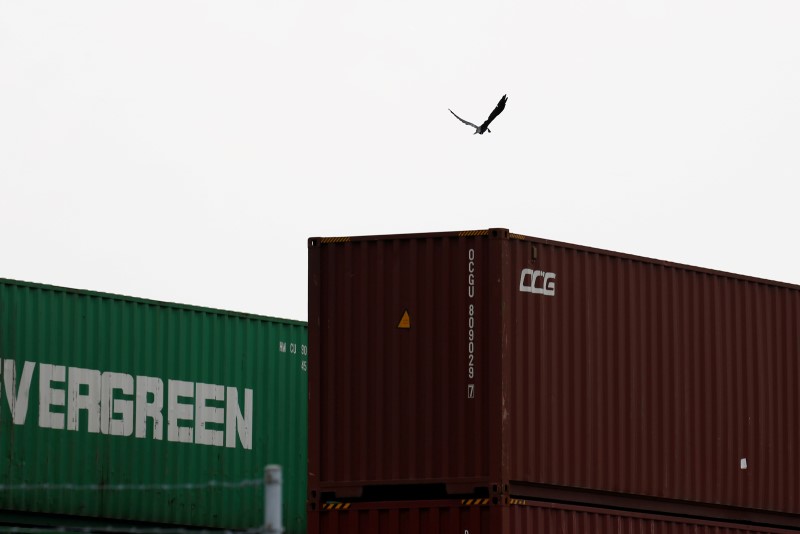 © Reuters. A bird flies over containers at an industrial port in Tokyo