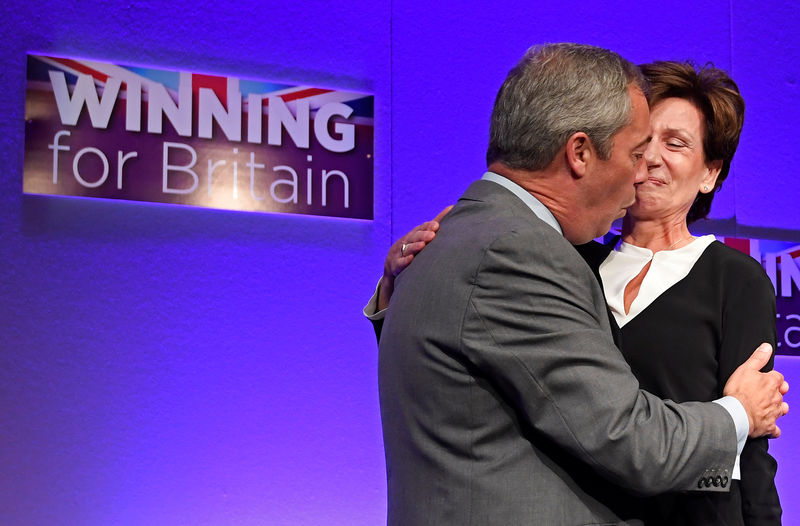 © Reuters. Farage, the outgoing leader of the United Kingdom Independence Party (UKIP), congratulates new leader James, at the party's annual conference in Bournemouth