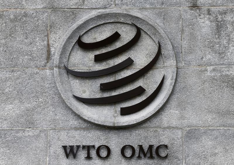 © Reuters. A WTO logo is pictured on their headquarters in Geneva