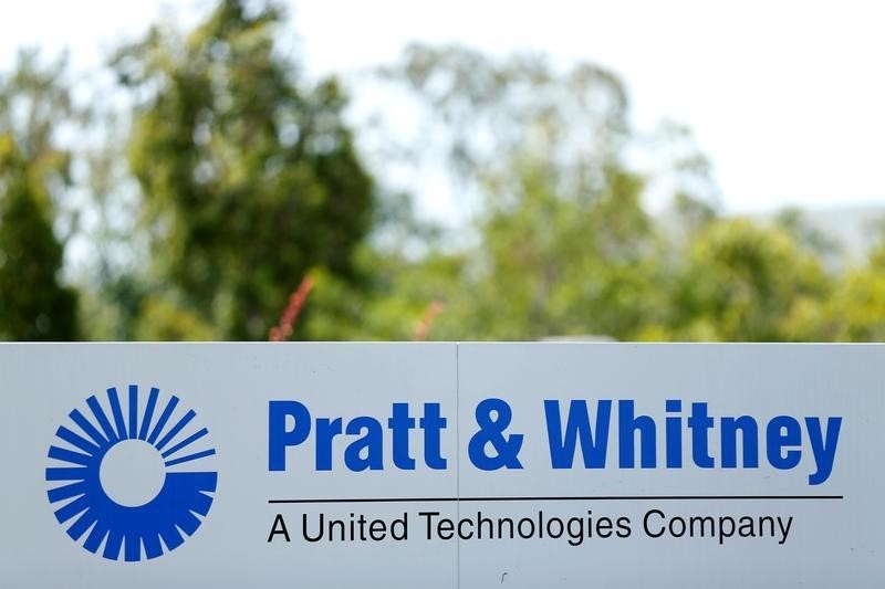 © Reuters. The logo of Dow Jones Industrial Average stock market index listed company United Technologies and their subsidiary Pratt & Whitney is pictured in San Diego, California