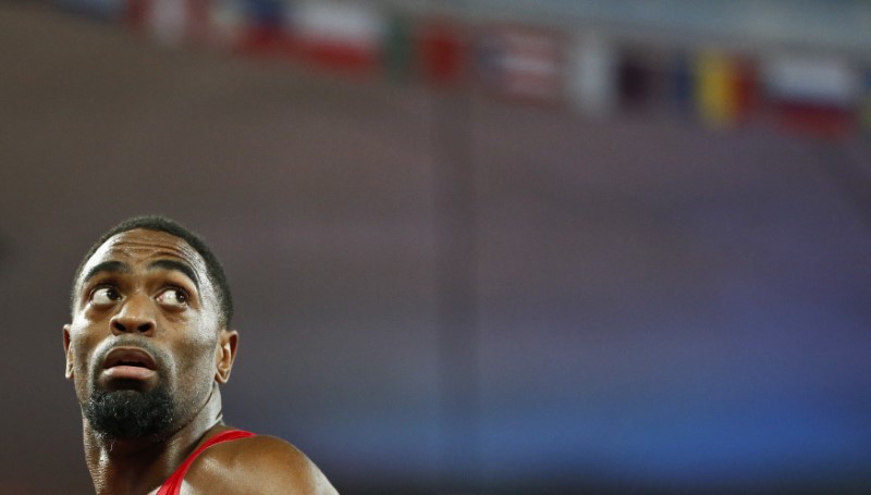 © Reuters. Gay from the US reacts after the men's 100m final during the 15th IAAF World Championships at the National Stadium in Beijing