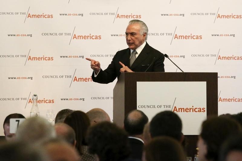 © Reuters. Temer, durante almoço com empresários e investidores em NY