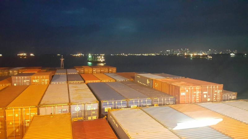 © Reuters. A view of the shoreline of Singapore onboard Hanjin Rome, which is stranded in Singapore's eastern coast, in this undated handout photo.