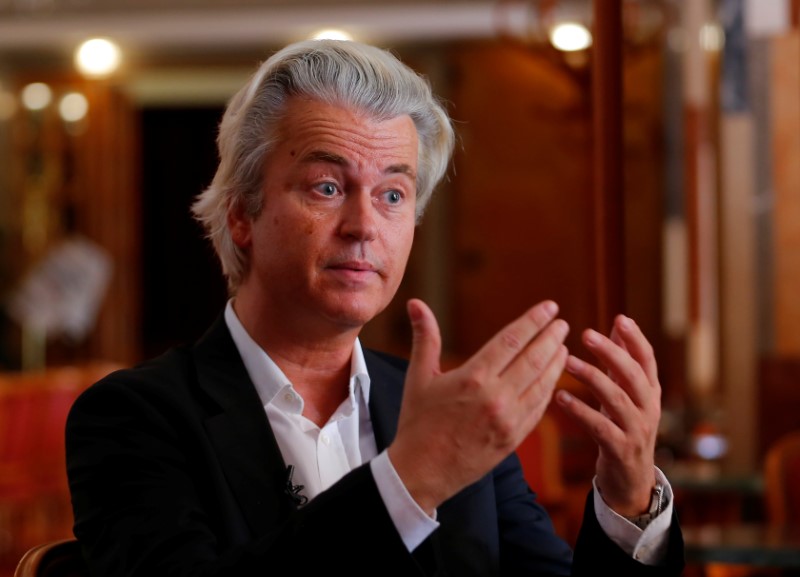 © Reuters. Dutch far-right Party for Freedom leader Wilders answers questions during a Reuters interview in Budapest