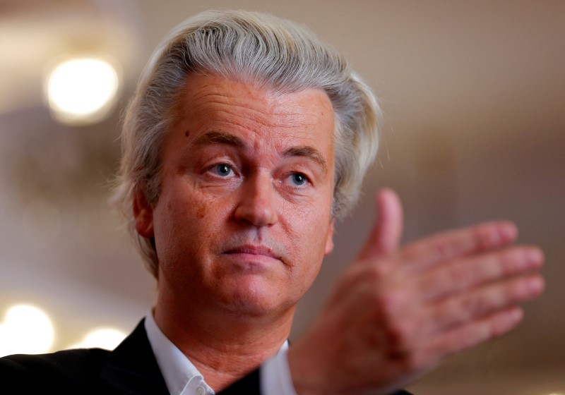 © Reuters. Dutch far-right Party for Freedom leader Wilders answers questions during a Reuters interview in Budapest