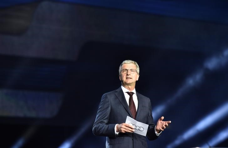 © Reuters. Audi CEO, Rupert Stadler speaks during the world premiere of the new Audi A5 and S5 Coupe car at the company's headquarters in Ingolstadt