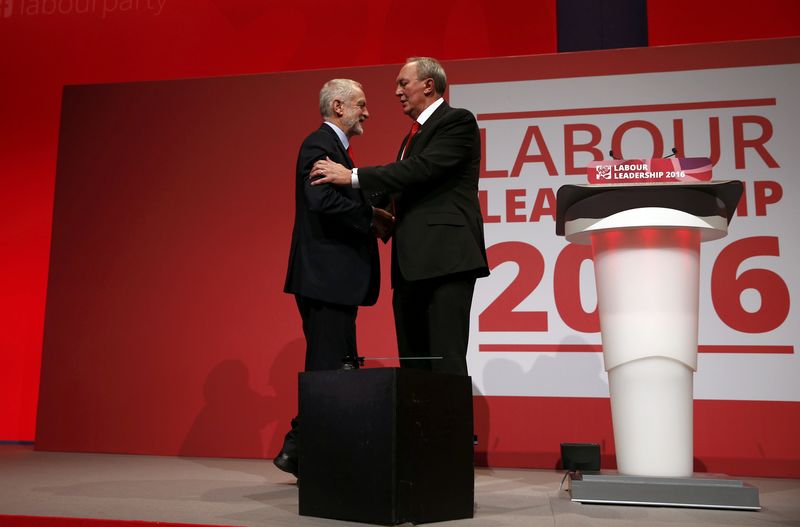 © Reuters. Paddy Lillis, Chair of the Labour NEC, shakes hands with Jeremy Corbyn after the announcement of the result of the Labour Party leadership election, in Liverpool