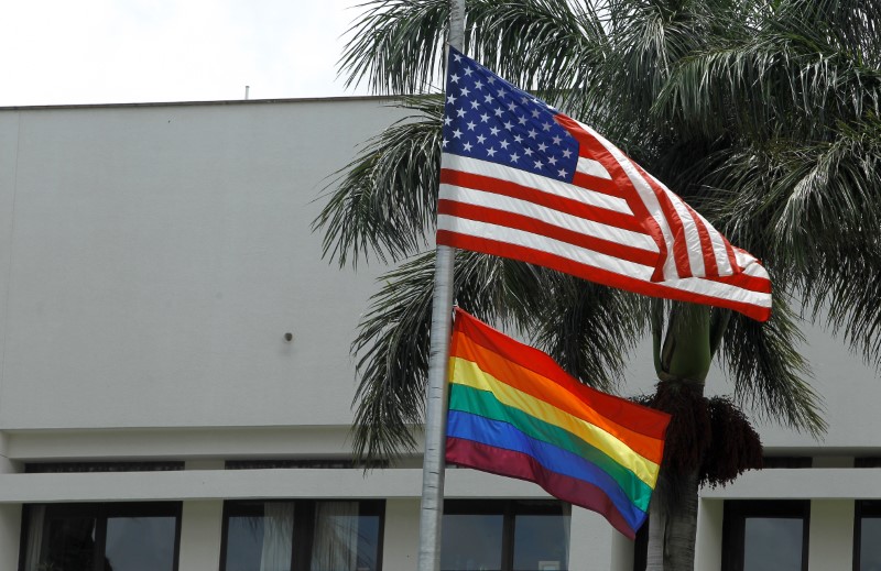 © Reuters. The flag of diversity flutters at the U.S. Embassy in San Jose, Costa Rica