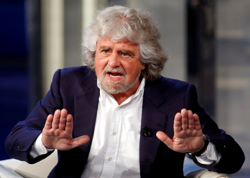 © Reuters. Leader of Five Star Movement and comedian Beppe Grillo gestures as he appears as guest on RAI television show Porta a Porta in Rome