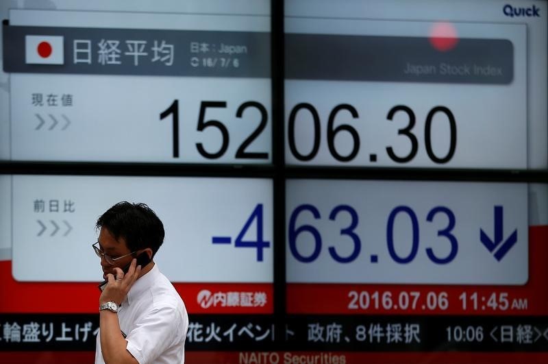 © Reuters. A man using mobile phone walks past at an electronic board showing Japan's Nikkei share average outside a brokerage in Tokyo