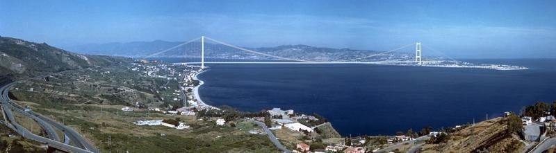 © Reuters. An undated computer graphic image of the proposed bridge over the Straits of Messina, as provided by..