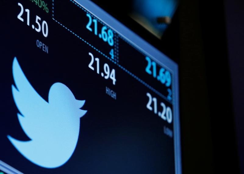 © Reuters. The Twitter logo and trading information is displayed just after the opening bell on a screen on the floor of the NYSE