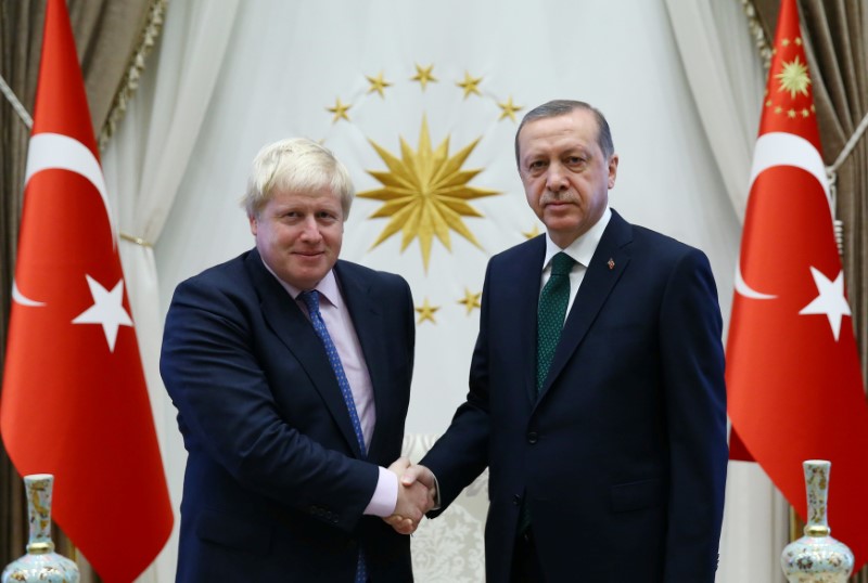 © Reuters. Turkish President Erdogan meets with British Foreign Secretary Johnson at the Presidential Palace in Ankara