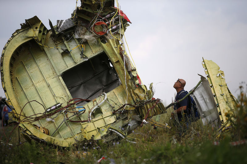 © Reuters. A Malaysian air crash investigator inspects the crash site of Malaysia Airlines Flight MH17, near the village of Hrabove