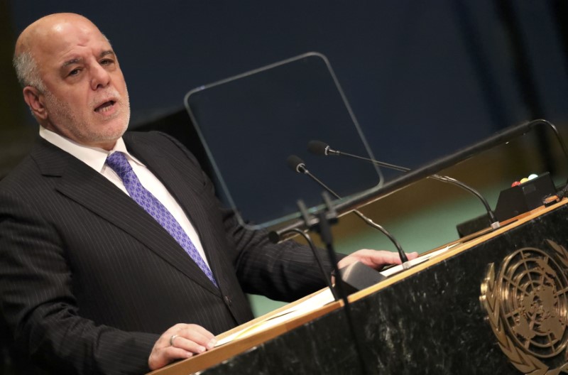 © Reuters. Prime Minister Haider Al-Abadi of Iraq addresses the United Nations General Assembly in New York