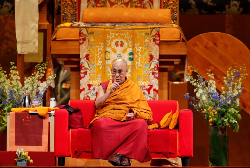 © Reuters. Tibet's exiled spiritual leader the Dalai Lama gives a public religious lecture to the faithful in Strasbourg