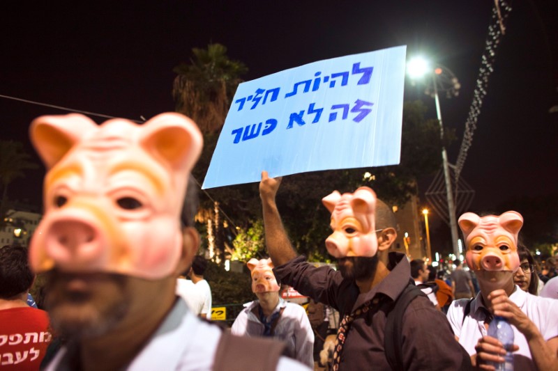 © Reuters. Israeli protesters wear face masks as one holds a placard during a protest calling for social justice in Rabin square in Tel Aviv