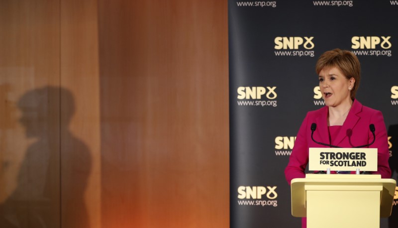 © Reuters. Scotland's First Minister Nicola Sturgeon speaks at the launch of the Scottish National Party's "biggest ever political listening exercise", in Stirling, Scotland