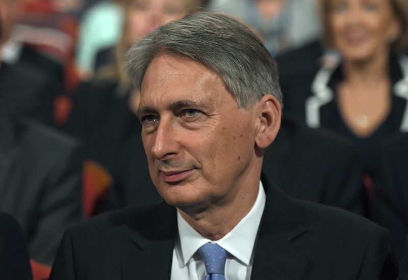 © Reuters. Britain's Chancellor Philip Hammond listens as PM Theresa May gives her speech on the final day of the annual Conservative Party Conference in Birmingham