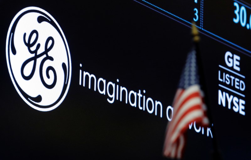© Reuters. The ticker and logo for General Electric Co. is displayed on a screen at the post where it's traded on the floor of the NYSE