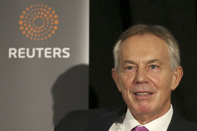 © Reuters. Former British Prime Minister Tony Blair speaks as Reuters Editor-at-Large Sir Harold Evans moderates a Reuters Newsmaker conversation "Politics on the Edge," in New York