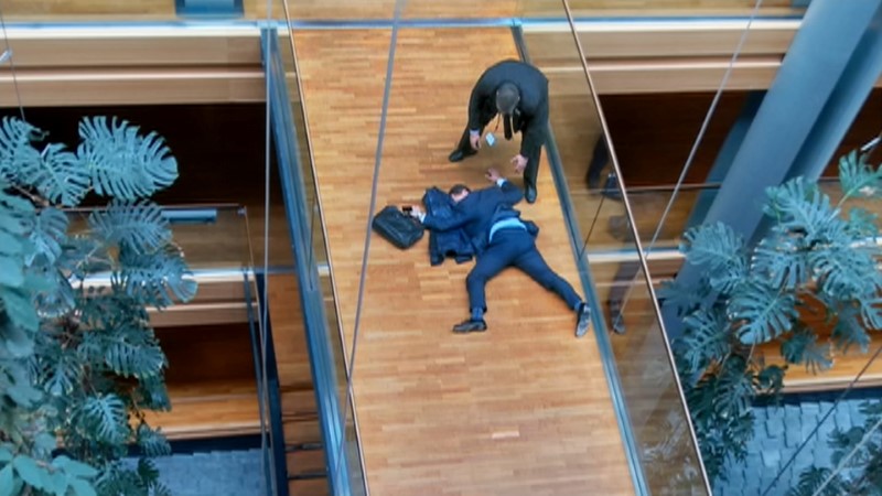 © Reuters. A still image taken from video shows a man, believed to be UKIP MEP Steven Woolfe, face down on a floor at the European Parliament in Strasbourg