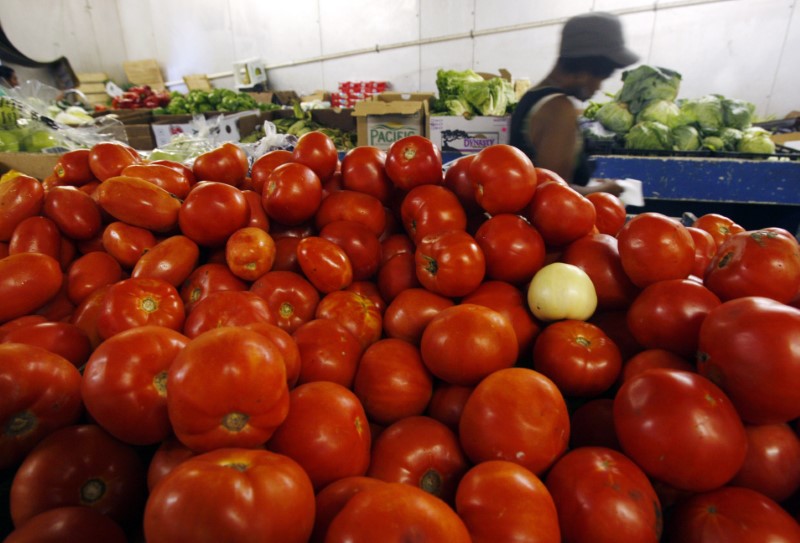 © Reuters. A pile of tomatoes is seen on display at a wholesale produce market in Washington