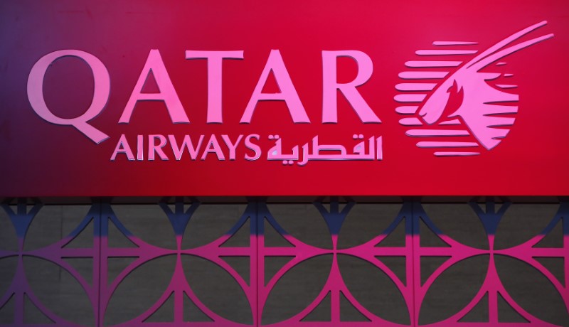 © Reuters. The logo of Qatar Airways is pictured at the International Tourism Trade Fair (ITB) in Berlin