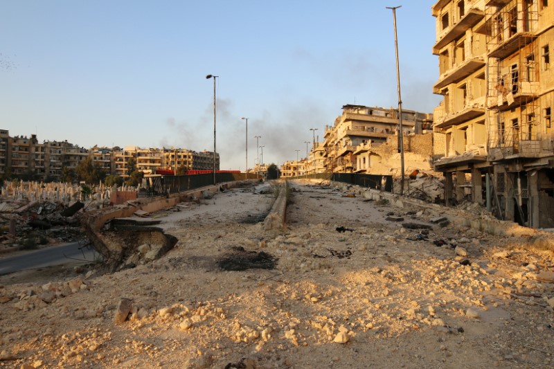 © Reuters. A damaged road is pictured in the rebel held al-Shaar neighbourhood of Aleppo