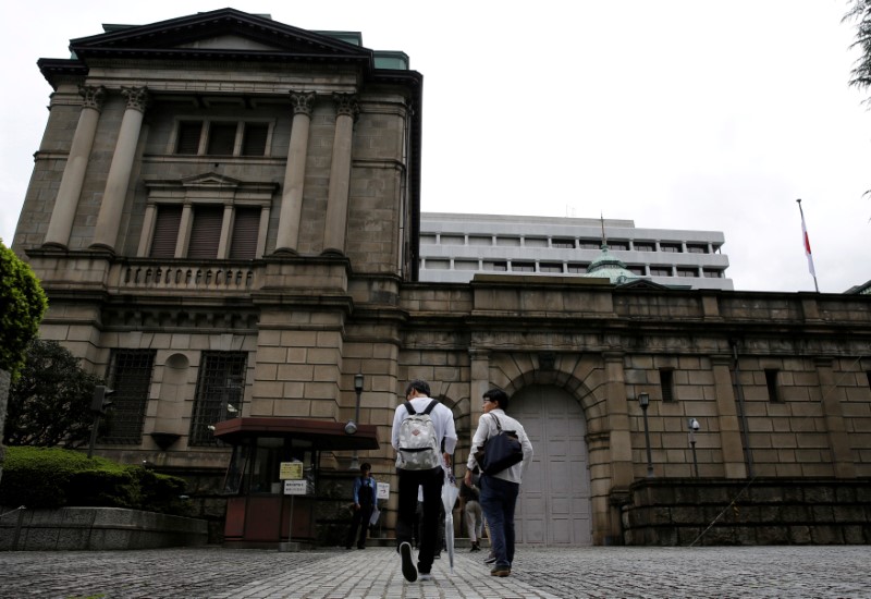 © Reuters. Men walk toward the Bank of Japan (BOJ) building in Tokyo