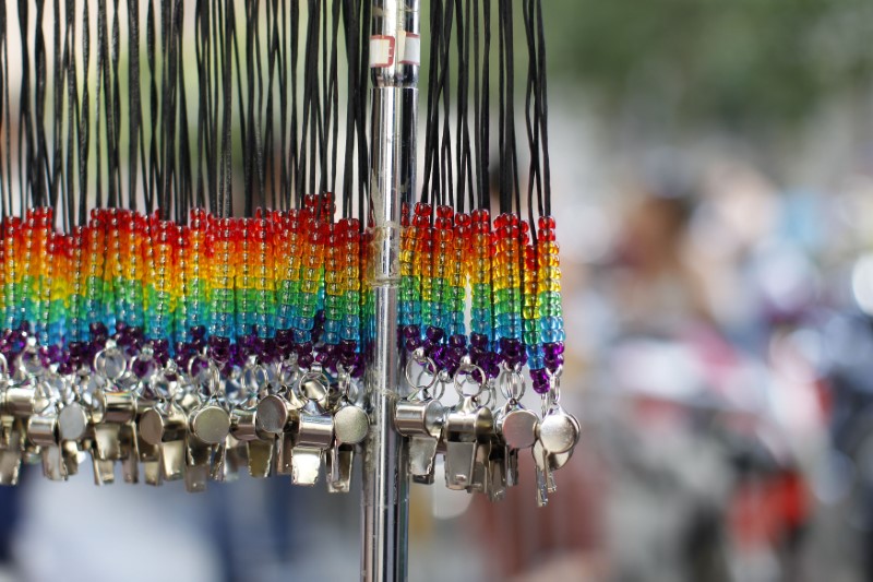 © Reuters. Rainbow whistles are shown hanging at the San Francisco Gay Pride Parade