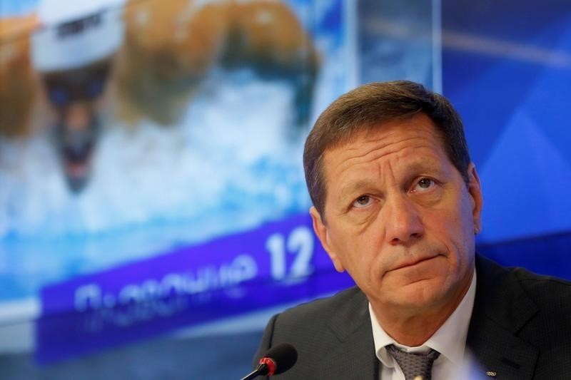 © Reuters. ROC chief Zhukov attends news conference ahead of Russian Olympic team departure to Rio 2016 Olympic Games in Moscow