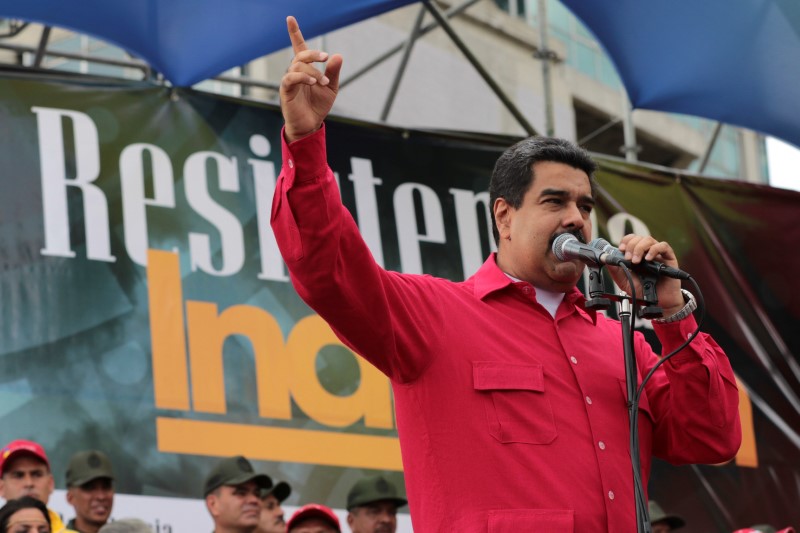 © Reuters. Venezuela's President Nicolas Maduro attends a rally to commemorate the National Day of Indian Resistance  in Caracas