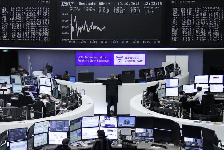 © Reuters. Traders work at their desks in front of the German share price index, DAX board, at the stock exchange in Frankfurt