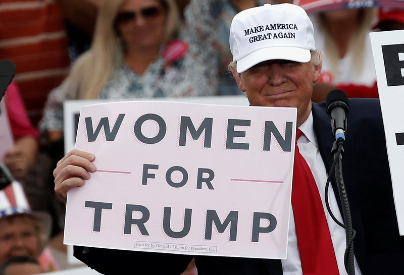 © Reuters. Candidato republicano à Presidência dos EUA, Donald Trump segurando cartaz escrito "Mulheres por Trump" durante evento na Flórida