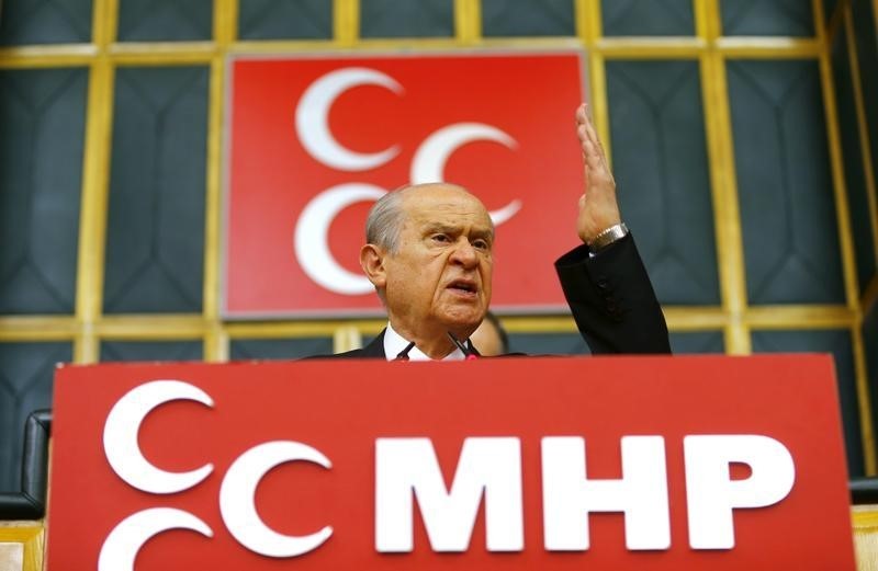 © Reuters. Leader of Turkey's main opposition party MHP Bahceli addresses Turkish parliament in Ankara