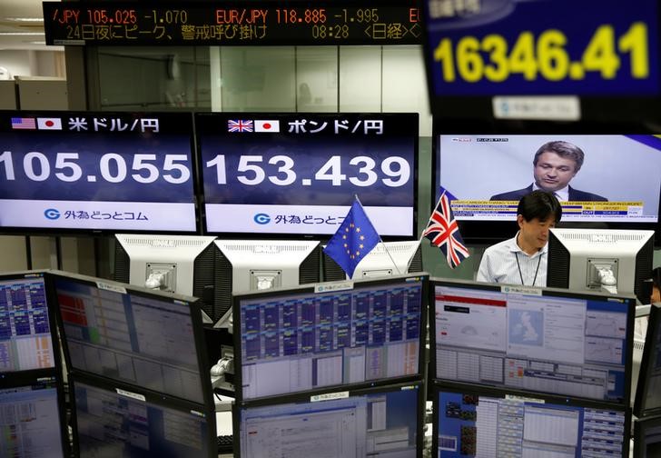 © Reuters. An employees of a foreign exchange trading company works next to monitors displaying television news on Britain's EU referendum, Japan's Nikkei share average, the Japanese yen's exchange rate against British pound and the U.S. dollar in Tokyo, Japan