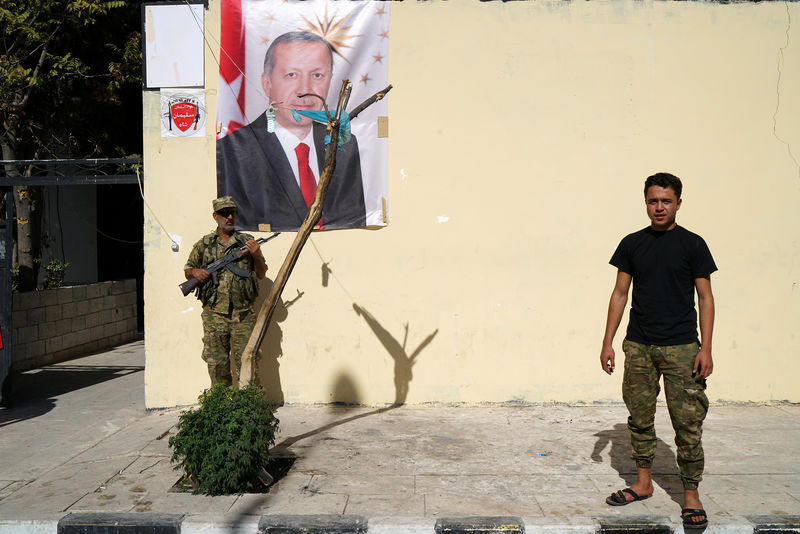 © Reuters. Members of Turkish-backed Free Syrian Army stand in front of a wall where a portrait of Turkish President Tayyip Erdogan is displayed in the border town of Jarablus