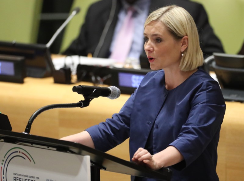 © Reuters. Iceland's Minister of Foreign Affairs Lilja Alfredsdottir speaks during a high-level meeting on addressing large movements of refugees and migrants at the United Nations General Assembly in New York