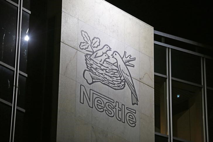 © Reuters. The Nestle logo is pictured on the company headquarters building in Vevey