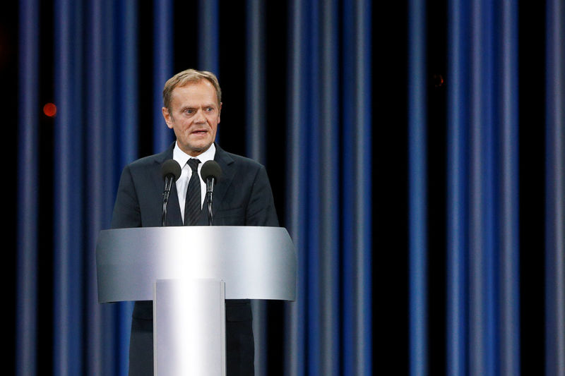 © Reuters. European Council President Tusk delivers speech during ceremony commemorating victims of Babyn Yar in Kiev