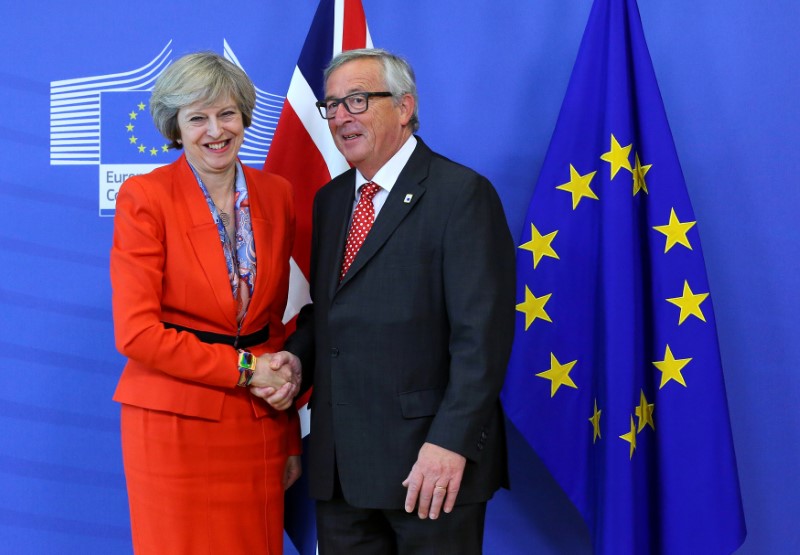 © Reuters. British PM Theresa May is welcomed by European Commission President Jean-Claude Juncker at the EC headquarters in Brussels