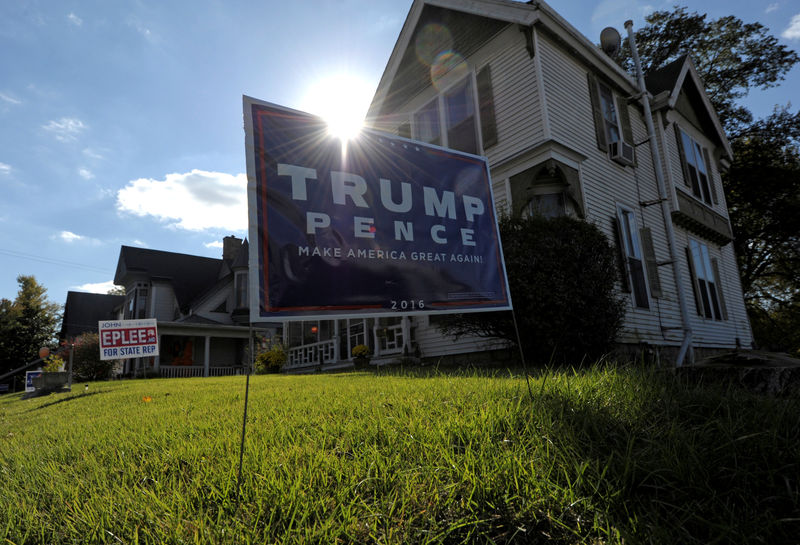 © Reuters. An election sign supporting U.S. Republican presidential nominee Donald Trump stands in front of a home in Atchison